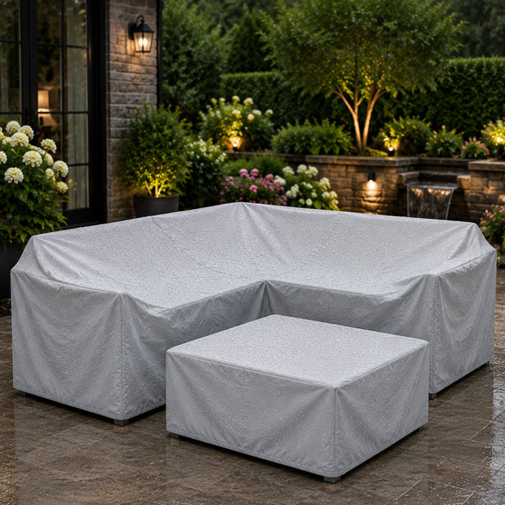Grande housse de protection pour salon de jardin complet, résistante aux intempéries, pluie et UV.