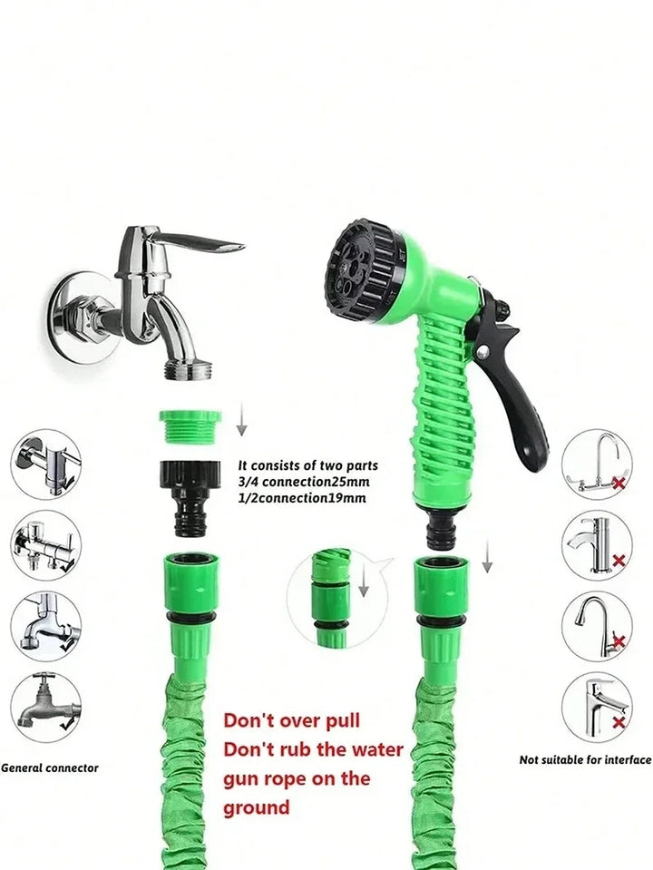 Tuyau de jardin extensible résistant à la pression, avec pistolet pour divers usages extérieurs.