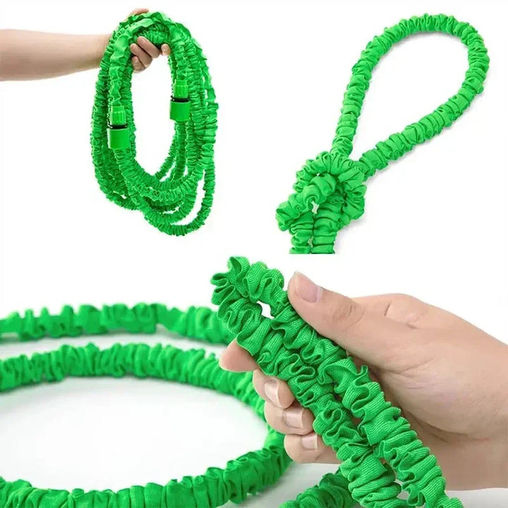 Tuyau de jardinage extensible compact enroulé, prêt pour le rangement facile après utilisation.
