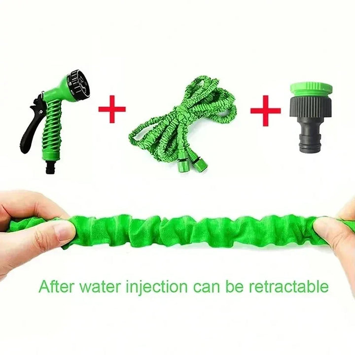 Homme arrosant des plantes avec un tuyau de jardin extensible et son pistolet à jet réglable.