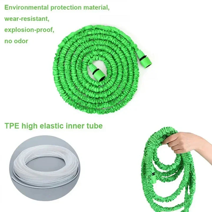 Détail du raccord en laiton du tuyau de jardin extensible, assurant une connexion étanche.