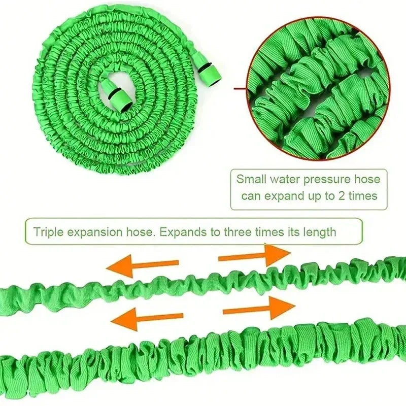 Tuyau d'arrosage flexible vert extensible en action, démontrant sa longueur maximale.
