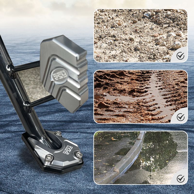 Extension de béquille moto pour stabilité optimale sur sols mous, sable ou gravier. Pièce de sécurité.
