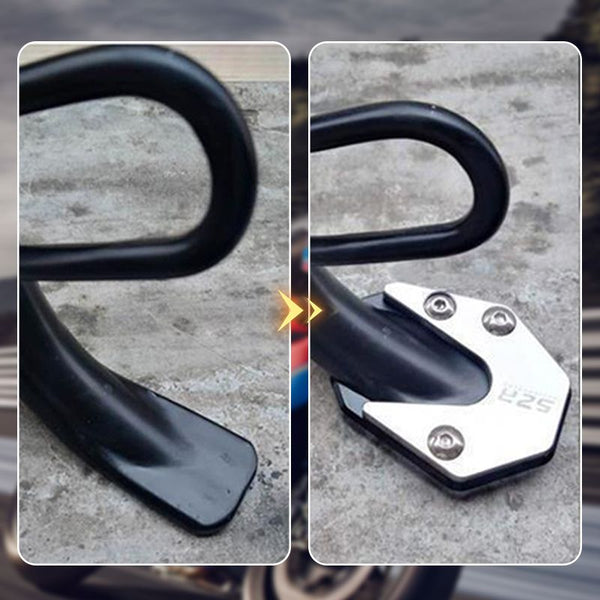 Extension de béquille moto en aluminium robuste, améliore la surface d'appui et la stabilité du véhicule.