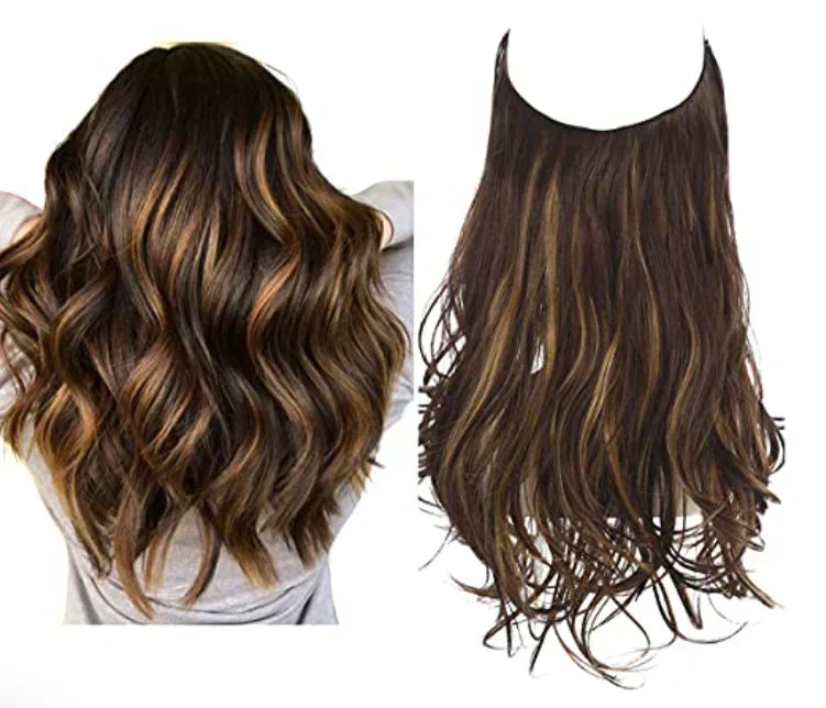Belle coiffure femme avec extensions cheveux naturels châtain, look élégant et volumineux.