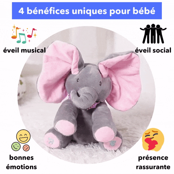 Adorable éléphant jouet bébé musical, parfait pour le développement et l'éveil des tout-petits.