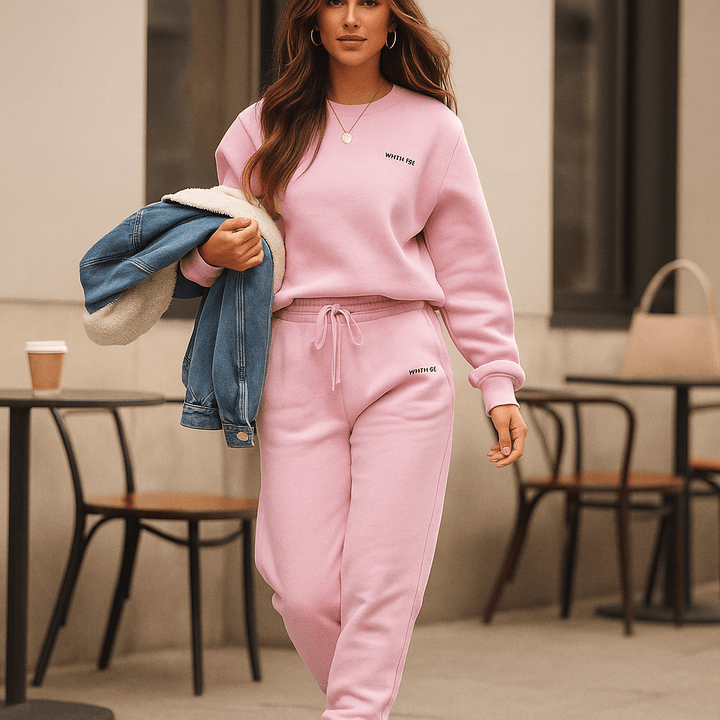 Ensemble confortable en coton doux pour femme, idéal loisir automne. Vêtement décontracté avec capuche et pantalon.