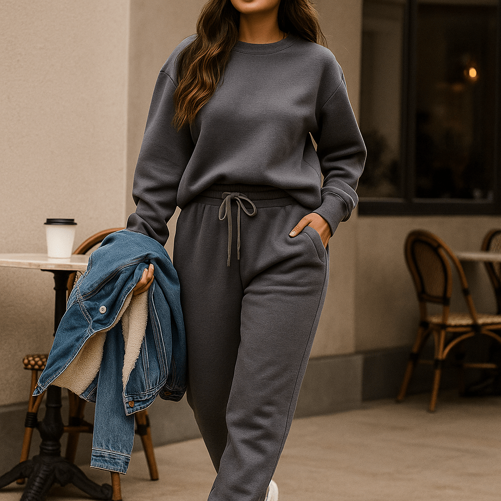Ensemble femme chaud et doux en coton pour l'automne. Vêtement décontracté confortable avec capuche et pantalon.
