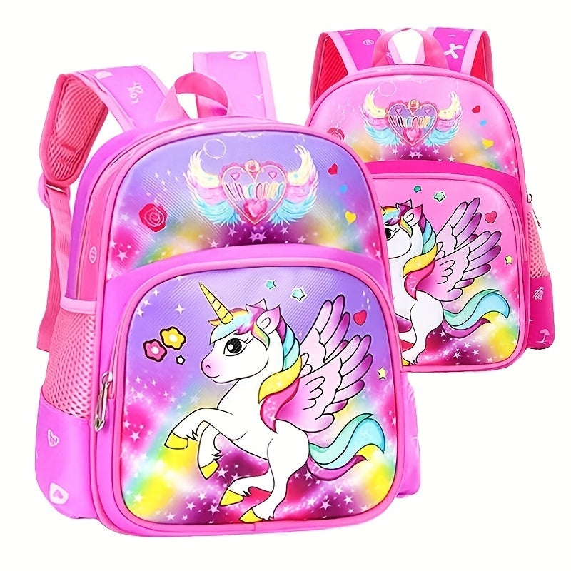 Sac à dos enfant licorne rose et violet avec corne scintillante et ailes, pour rêveuses enchantées.