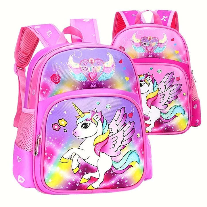 Sac à dos enfant licorne rose et violet avec corne scintillante et ailes, pour rêveuses enchantées.