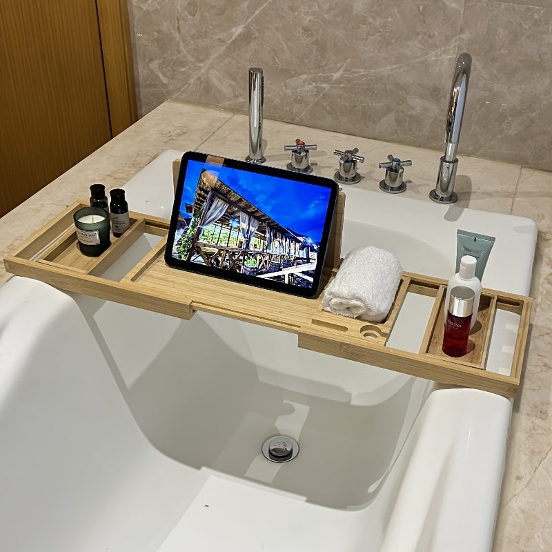 Détendez-vous avec ce plateau de bain en bambou, support élégant pour une expérience spa à domicile.