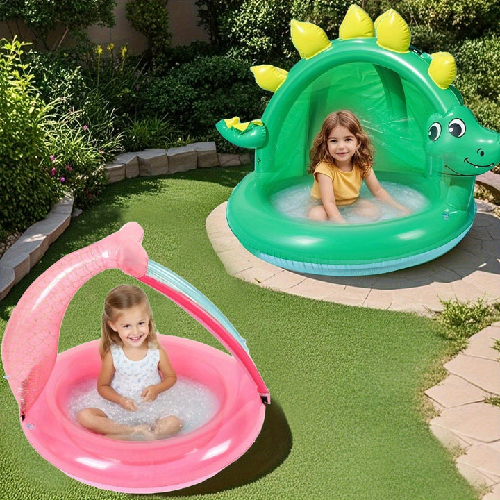 Piscine gonflable dinosaure pour enfant, vert et rose, offrant protection solaire et jeux d'eau amusants.