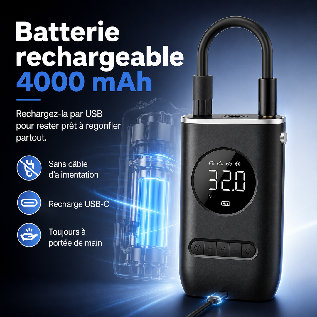 Mini compresseur d'air portable AirPump, puissant 150 PSI. Parfait pour gonfler tous types de pneus.