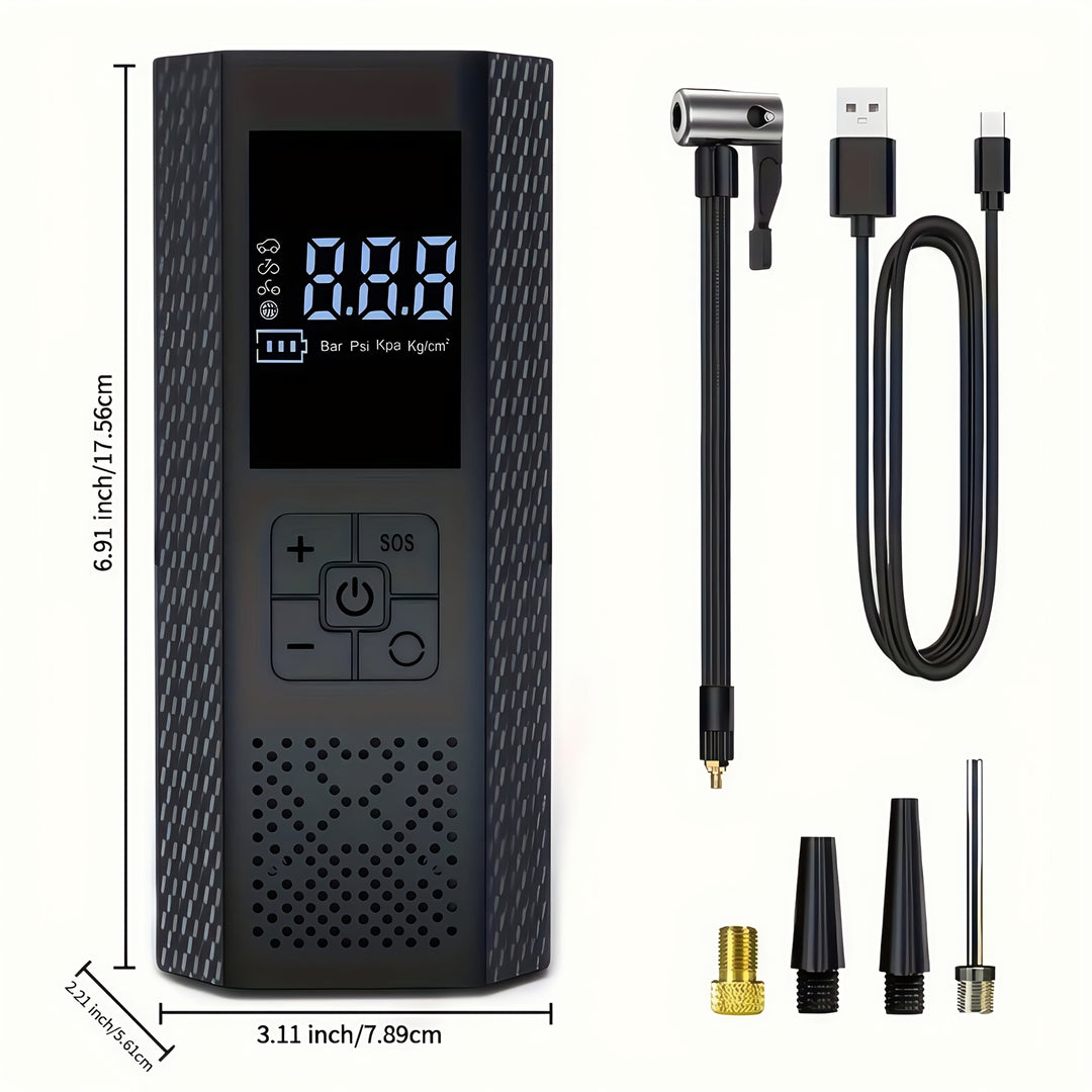 Gonfleur pneu sans fil 150 PSI avec écran numérique. Pompe portable rechargeable pour voiture, moto, vélo.