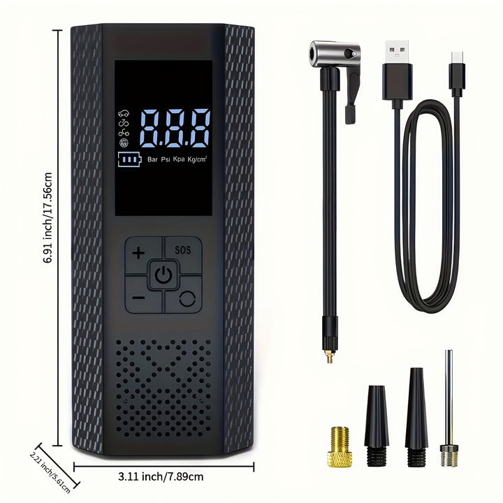 Gonfleur pneu sans fil 150 PSI avec écran numérique. Pompe portable rechargeable pour voiture, moto, vélo.