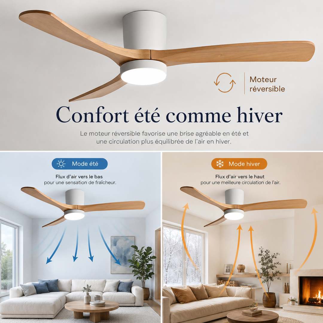 Ambiance fraîche et lumineuse : ventilateur de plafond scandinave en bois, éclairage LED.