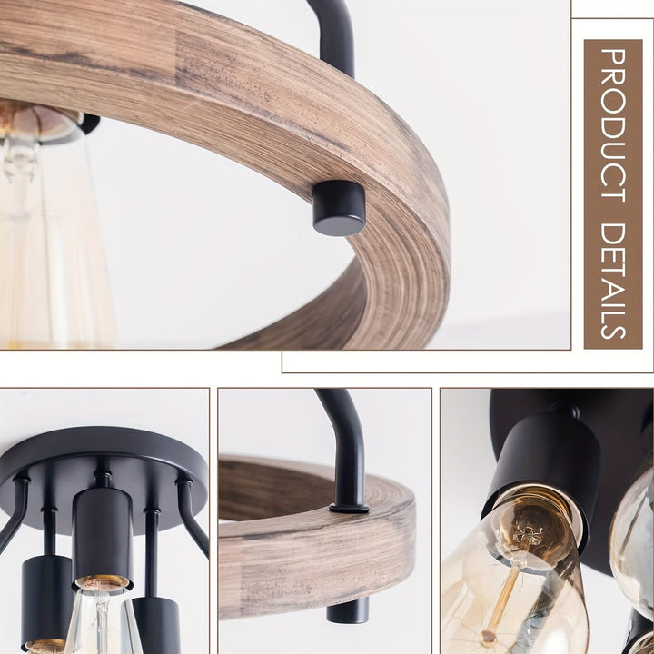 Élégante lampe de plafond à trois bras en bois et métal. Éclairage intérieur style rustique-industriel, décoration salon.