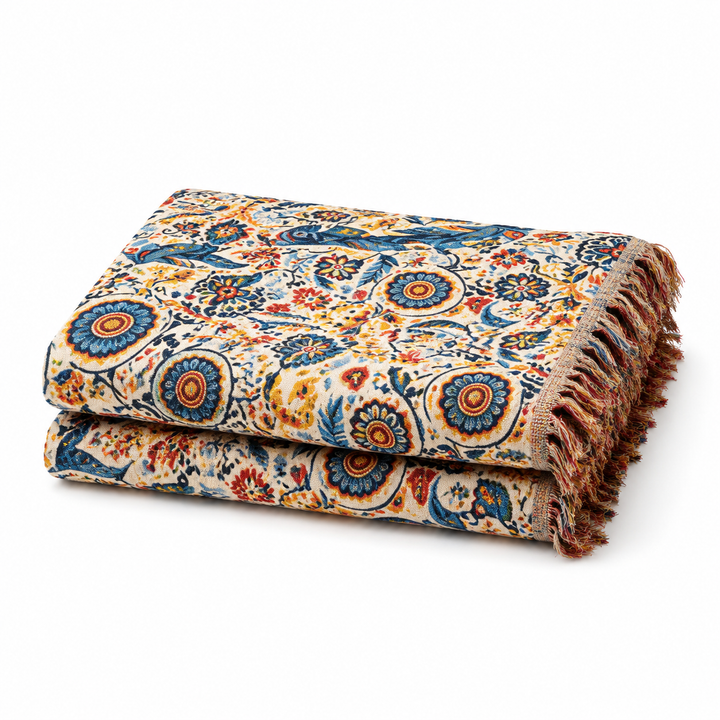 Couverture légère en coton double gaze, motif floral et oiseau. Parfaite pour lit ou canapé, respirante.