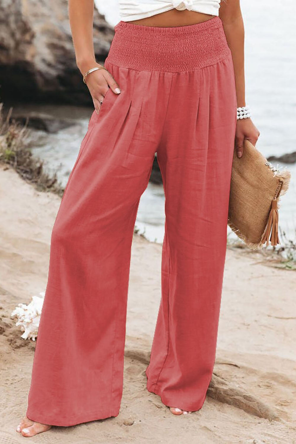 Pantalon palazzo fluide kaki femme, taille haute, jambes larges, décontracté et élégant pour l'été.