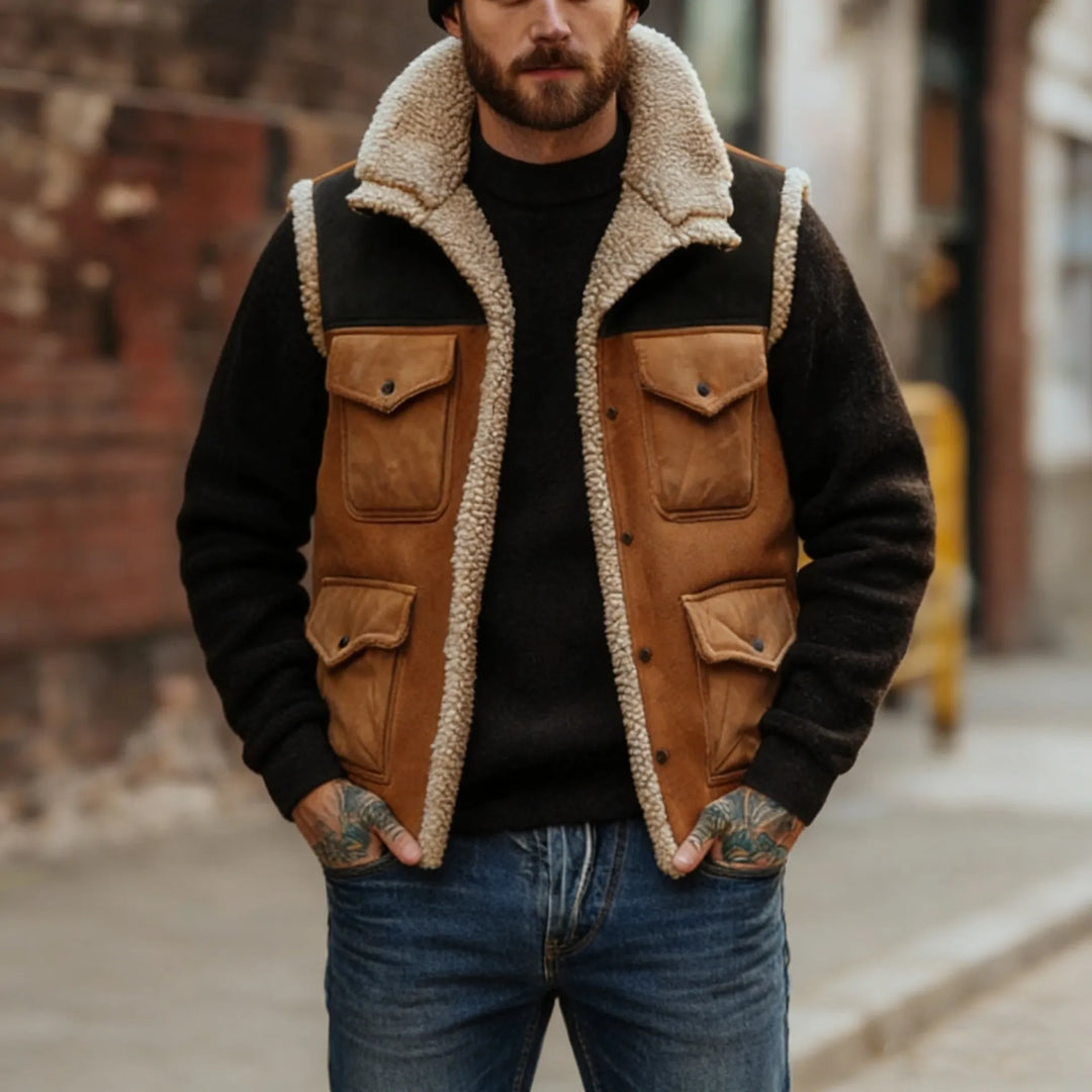 Gilet sans manches vintage colorblock pour hommes en polaire, parfait pour l'automne et l'hiver.