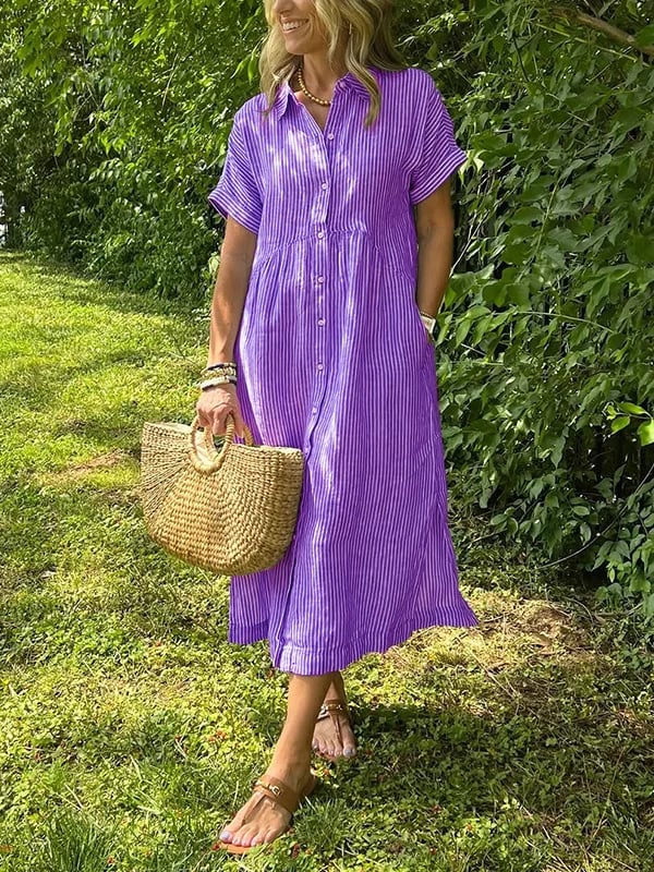 Tenue décontractée élégante: Robe chemise longue rayée pour femme, parfaite pour l'été.