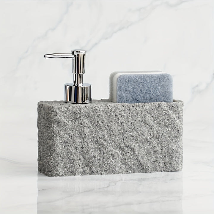 Distributeur de savon en pierre robuste avec support éponge. Un organisateur compact pour cuisine et salle de bain.