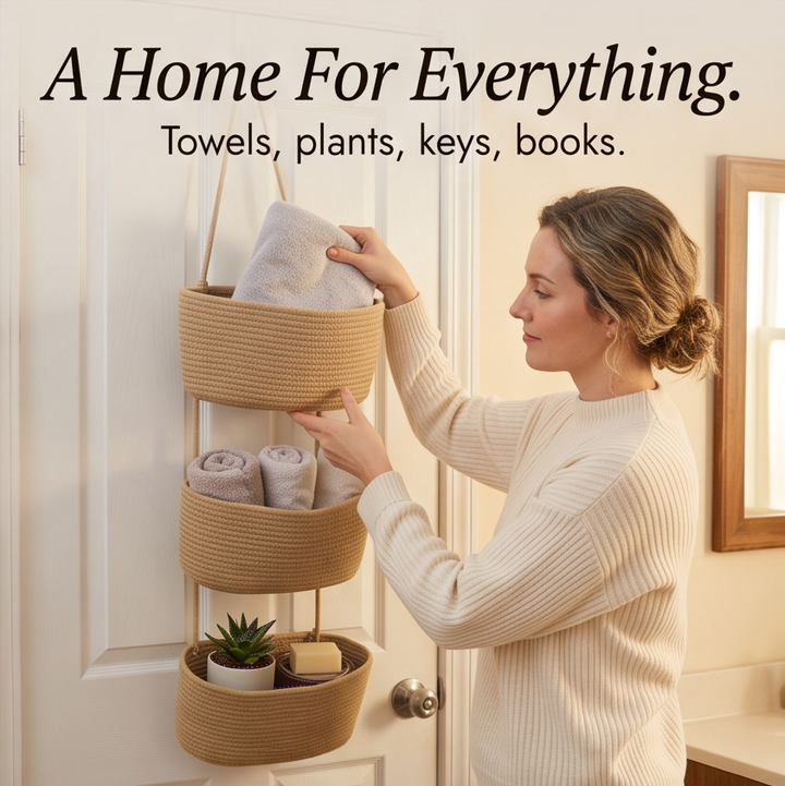 Solution gain de place: panier suspendu en coton beige à 3 compartiments pour porte de placard.