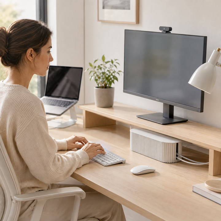 Gestion câbles efficace avec cette boîte organisateur, idéale pour bureau et maison.