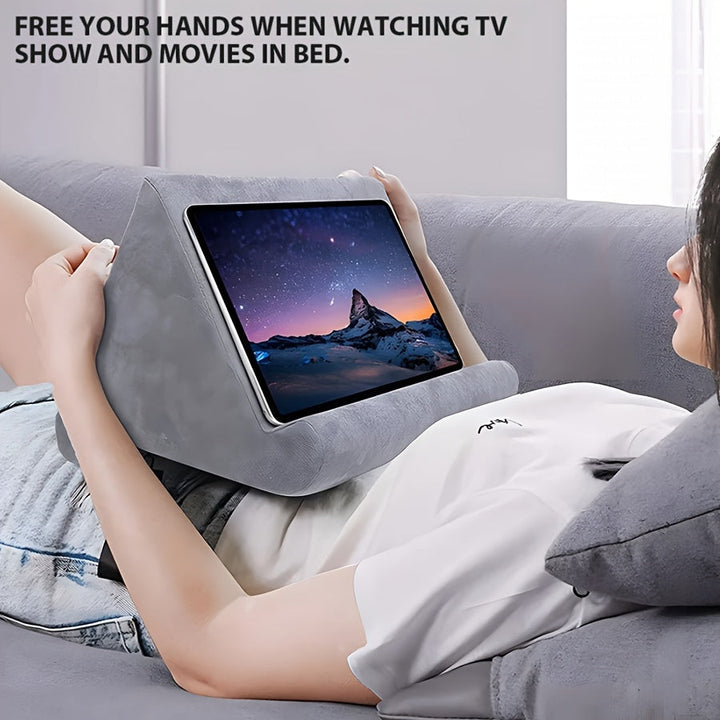 Support tablette portable en velours pour lecture et films. Position réglable, confort optimal garanti.