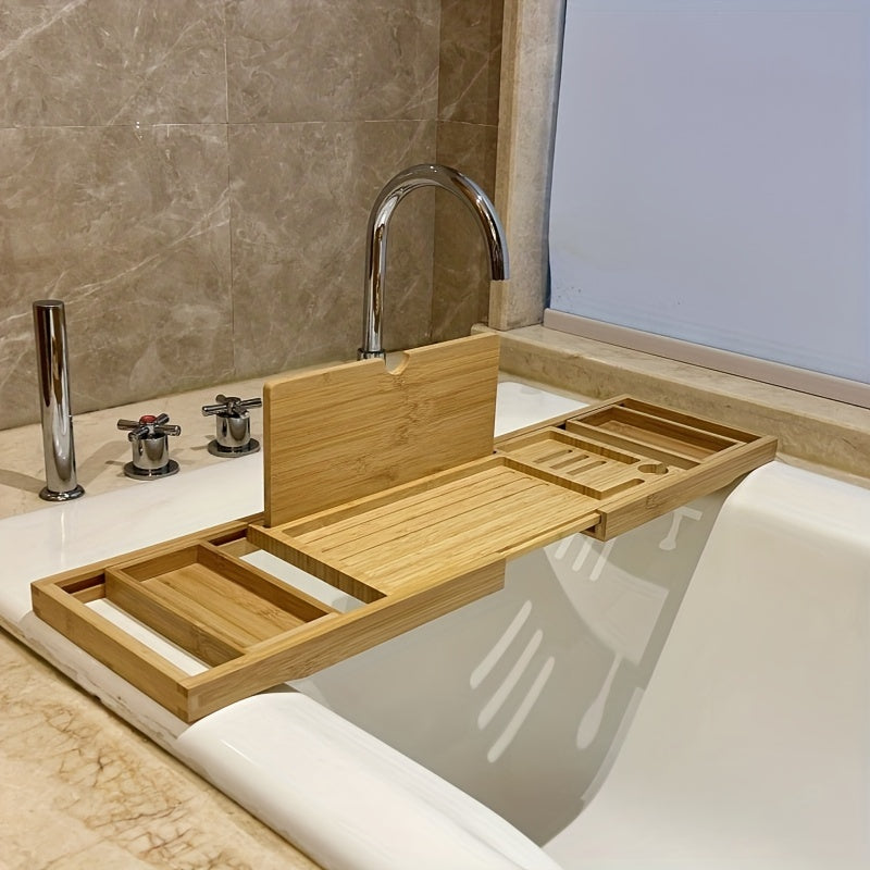 Plateau de baignoire en bambou naturel pour une détente spa, avec support tablette et verre.