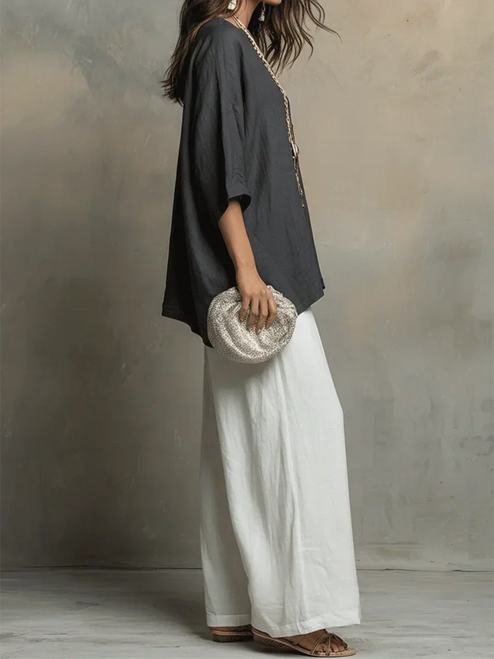 Vêtements femme estivaux: ensemble ample et fluide, pantalon large, haut léger. Idéal pour un look bohème chic.