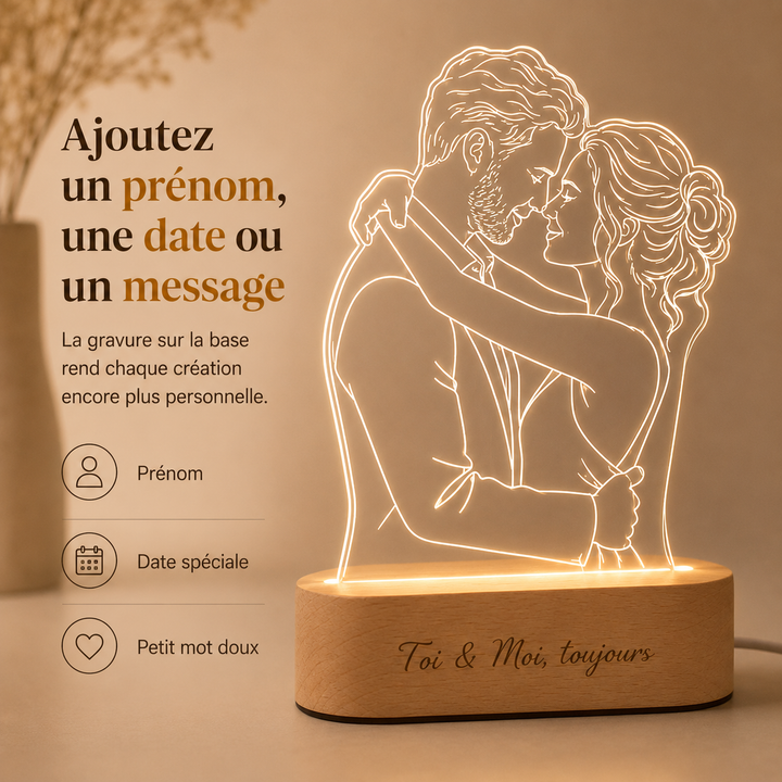 Lampe LED AuraGlow sur mesure, photo gravée, base en bois, éclairage doux pour décoration intérieure.