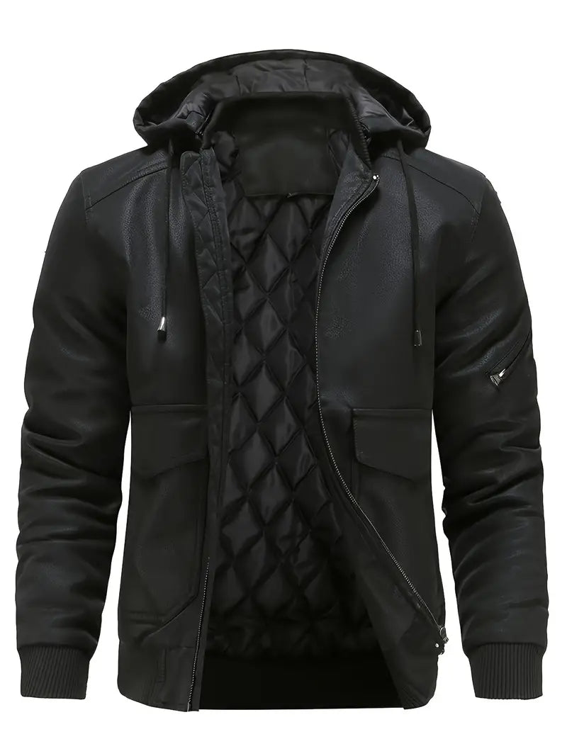 Blouson homme Ismael en cuir noir, coupe élégante avec capuche intégrée. Parfait pour un look urbain chic et moderne.