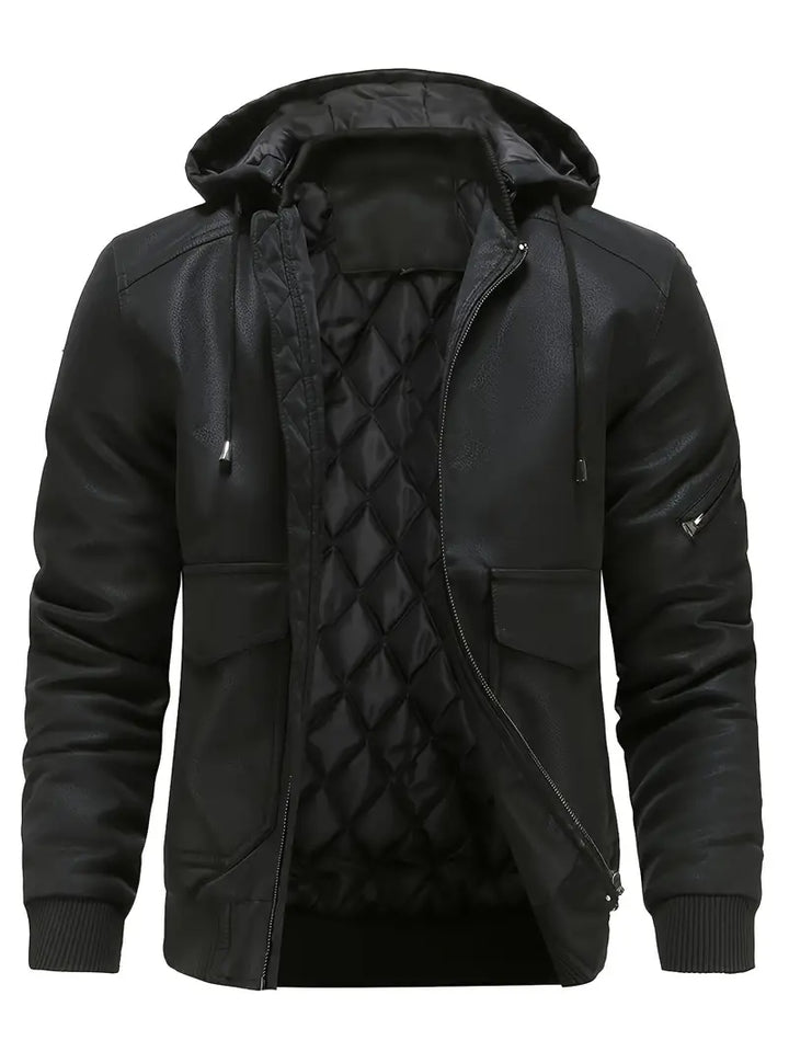 Blouson homme Ismael en cuir noir, coupe élégante avec capuche intégrée. Parfait pour un look urbain chic et moderne.