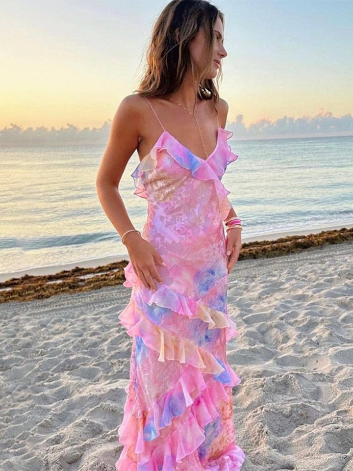Robe maxi d'été fluide et colorée Liora avec volants, style bohème confortable pour femme, parfaite pour la plage.