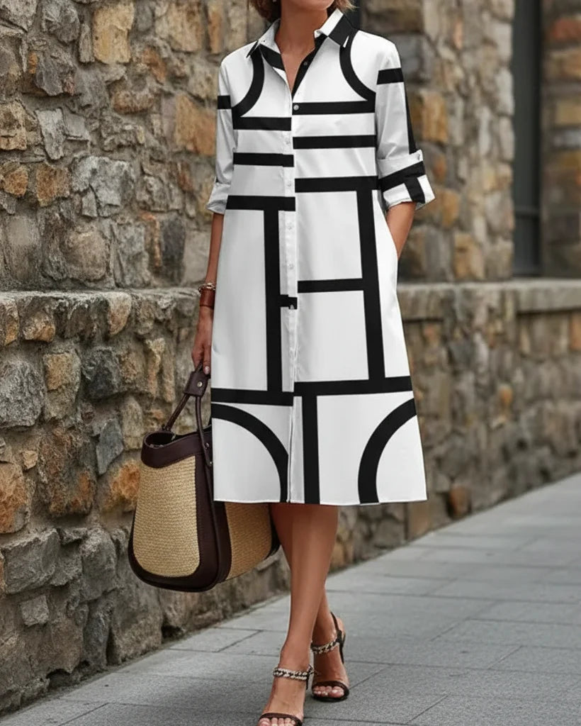 Robe midi femme moderne et confortable, style chemise avec imprimé 3D chic. Idéale pour tenue quotidienne.