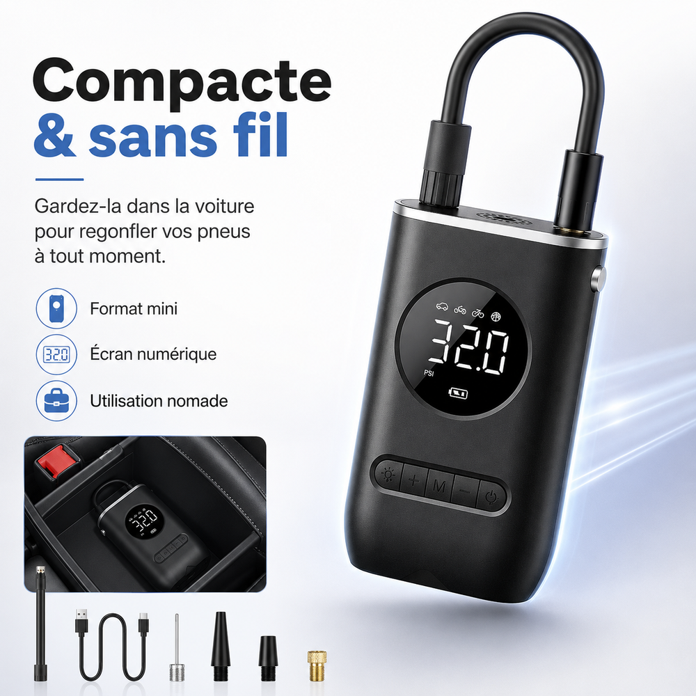 Mini compresseur d'air sans fil AirPump, compact. Pompe à pneus portable pour urgence route et vélo.