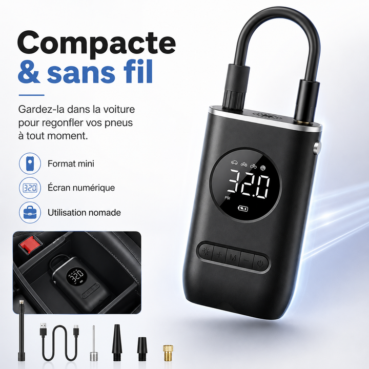 Mini compresseur d'air sans fil AirPump, compact. Pompe à pneus portable pour urgence route et vélo.