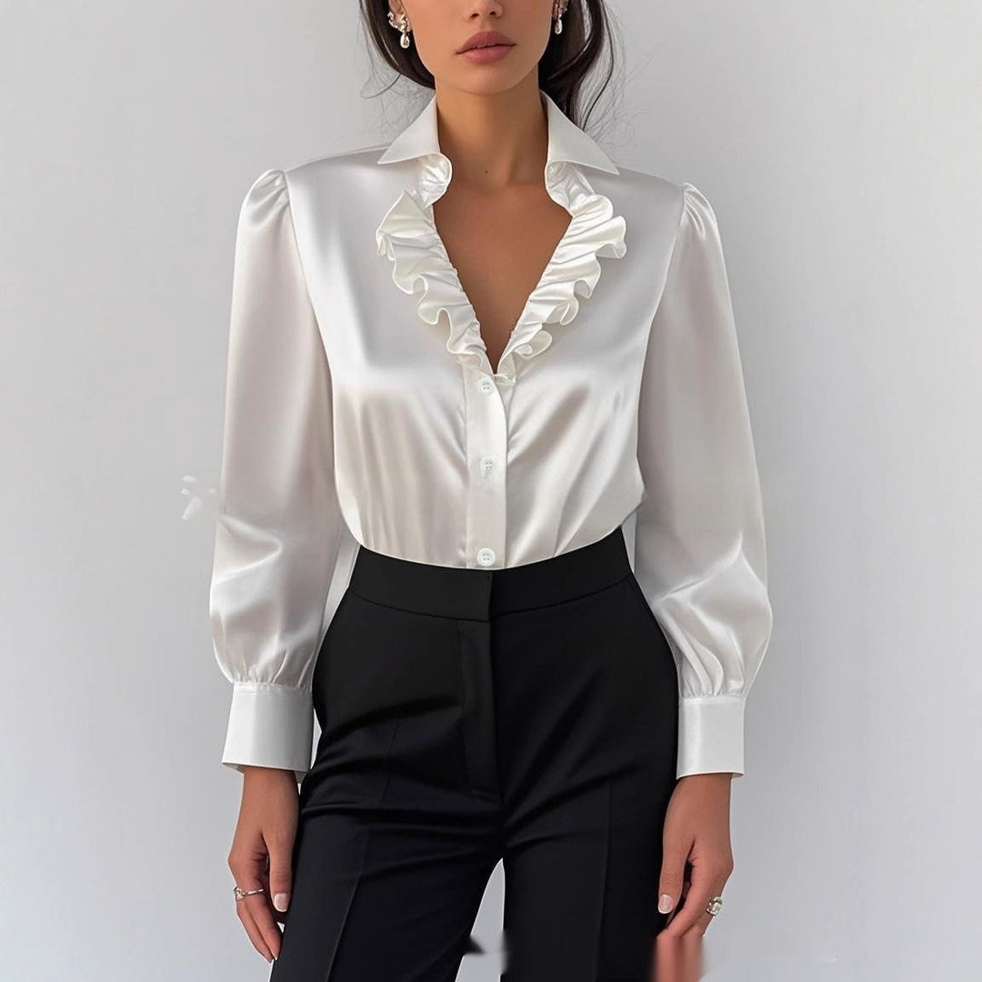 Chemisier blanc élégant pour femme avec volants chic, style français moderne. Idéal pour l'automne, manches longues.