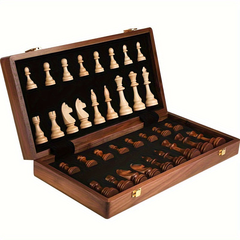 Jeu d'échecs artisanal en bois de noyer massif. Pièces lestées, parfait pour la stratégie et jeu de société.