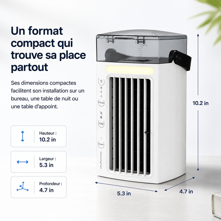 Climatiseur portable personnel, ventilateur, brumisateur, éclairage LED pour un été frais et confortable.