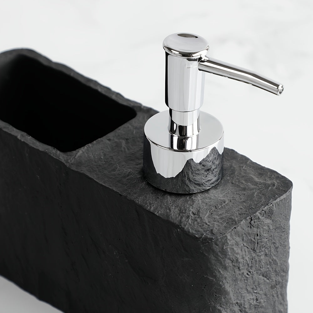 Distributeur de savon liquide vaisselle en pierre avec support éponge, idéal pour un rangement optimisé dans la cuisine.