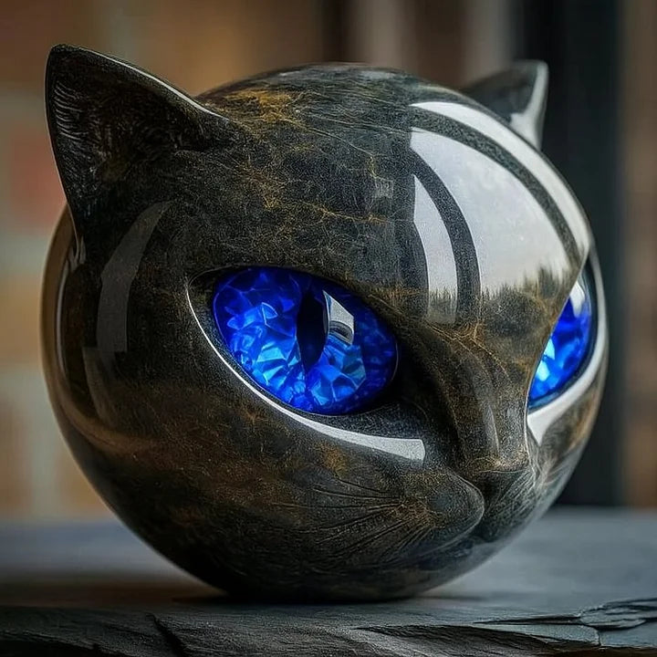Sculpture résine brillante, tête de chat noire. Un cadeau original pour les amateurs d'art félin et déco.