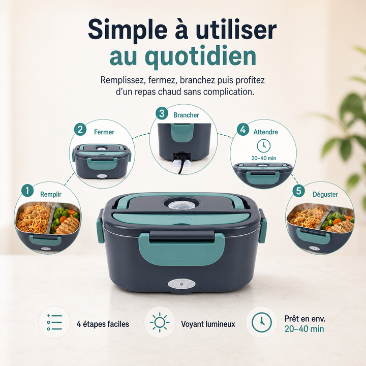 Chauffe-plat électrique portable HotBox. Profitez d'un repas chaud partout avec cette boîte à lunch en inox.