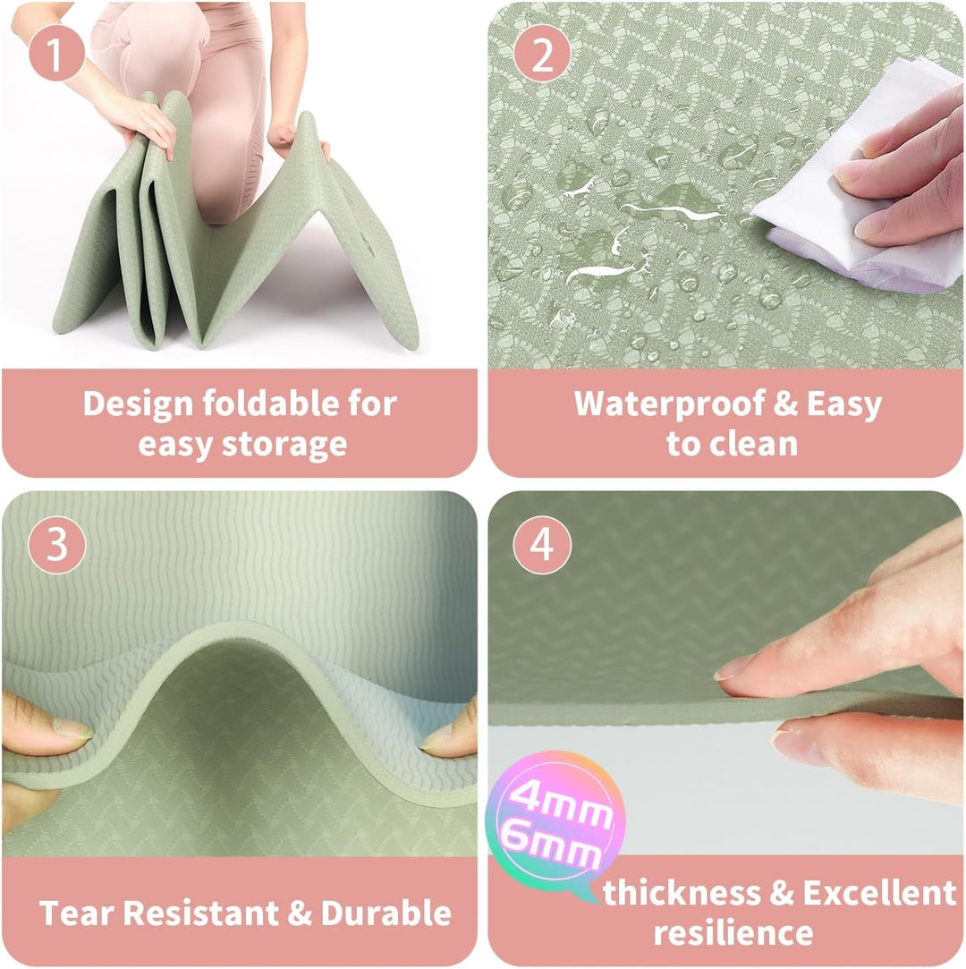Tapis de yoga TPE épais, ultra-portable et pliable. Parfait pour le yoga, pilates, méditation, sport et fitness.