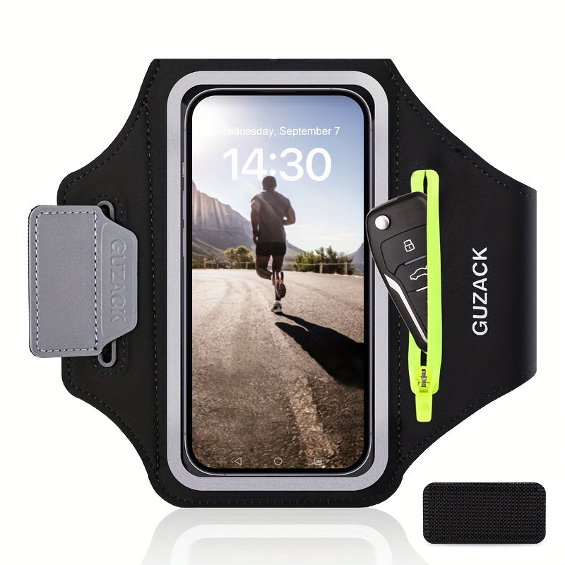 Accessoire sport: brassard ajustable noir pour smartphone, course à pied et randonnée. Confort et praticité.