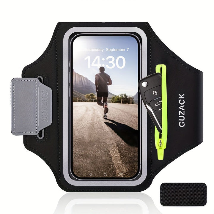 Accessoire sport: brassard ajustable noir pour smartphone, course à pied et randonnée. Confort et praticité.