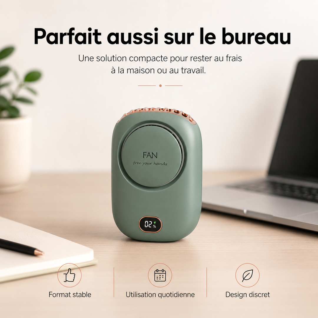 Détail du design ergonomique du ventilateur de cou USB, assurant confort et ventilation ajustable.