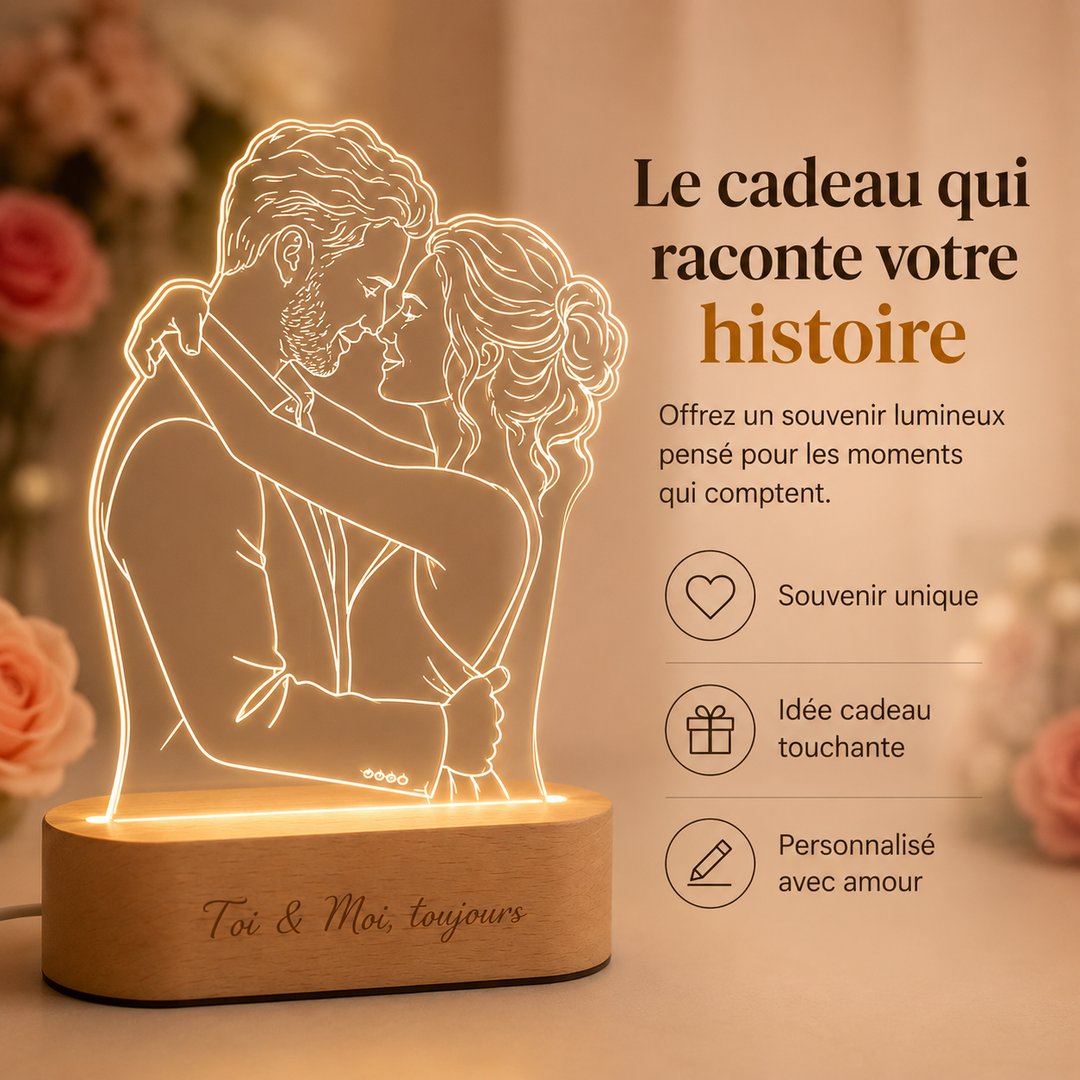 Cadeau Saint-Valentin original: Lampe LED AuraGlow avec photo/message personnalisé, souvenir romantique.