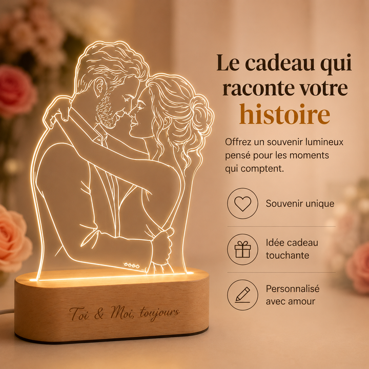 Cadeau Saint-Valentin original: Lampe LED AuraGlow avec photo/message personnalisé, souvenir romantique.
